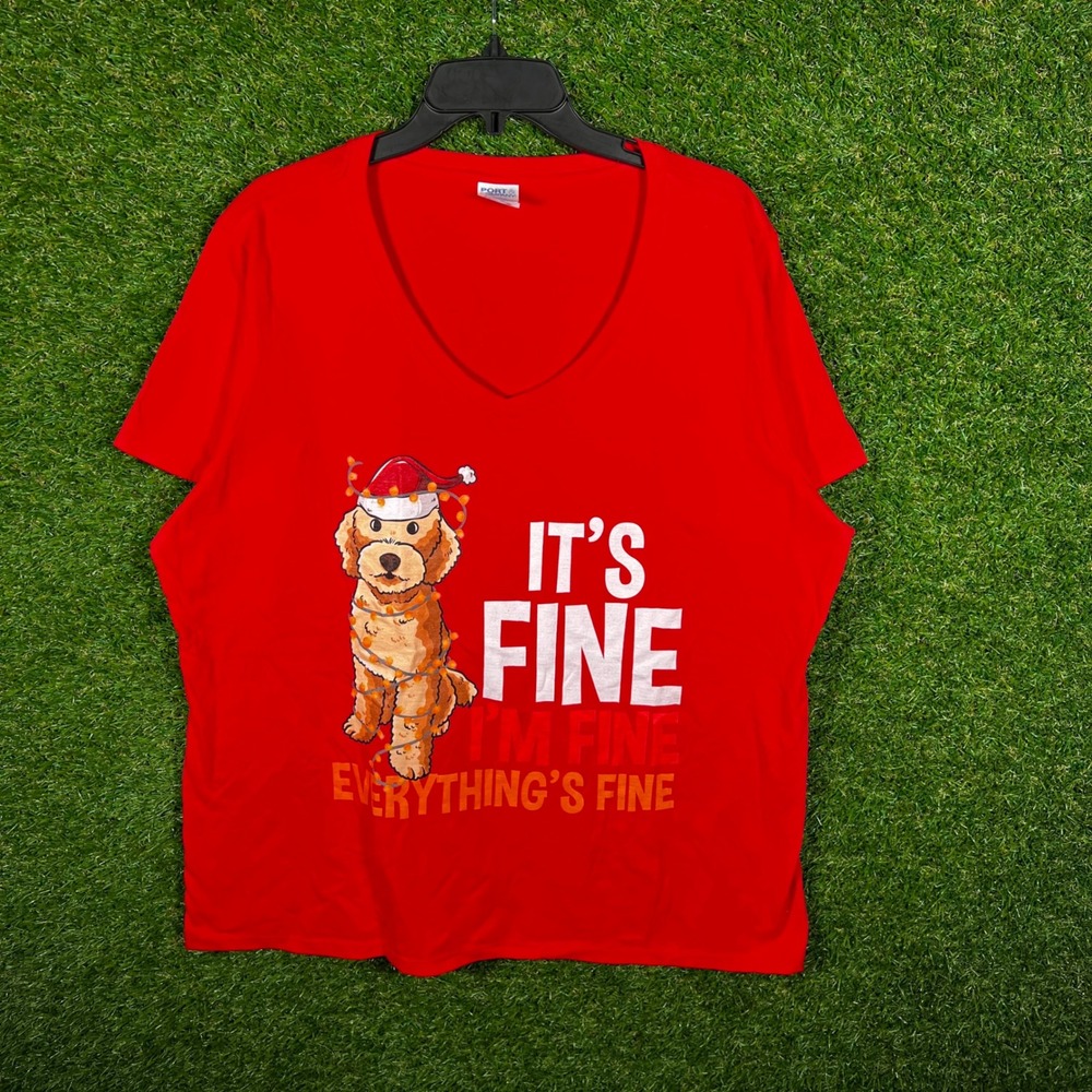 Port & Company Red Christmas Dog Graphic V-Neck T-Shirt Womens XXL Its Fine